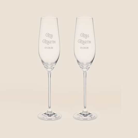 Art Deco Mr and Mrs Etched Surname Champagne Glass Set