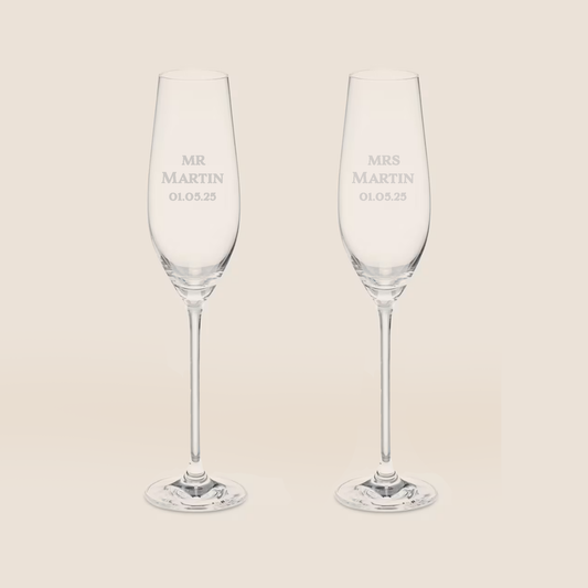 Celyn Mr and Mrs Etched Surname Champagne Glass Set