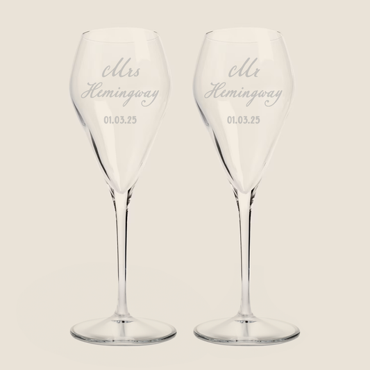 Verea Mr and Mrs Etched Surname Prosecco Glass Set