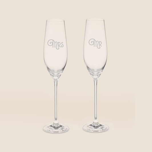 Art Deco Mr and Mrs Etched Champagne Glass Set